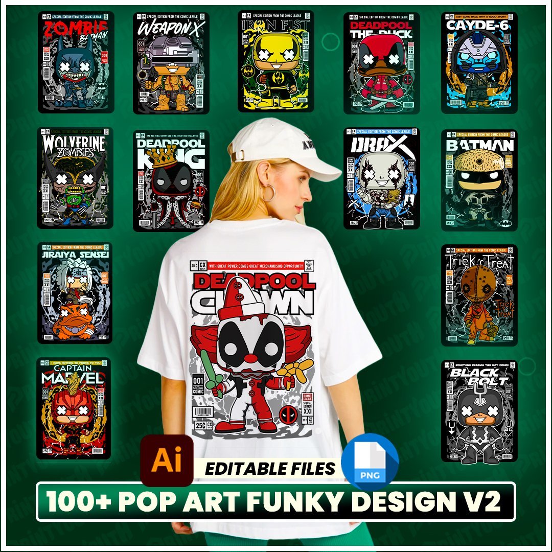 100+ Pop Art Funky Design Bundle v2 — Streetwear t-shirt design bundle