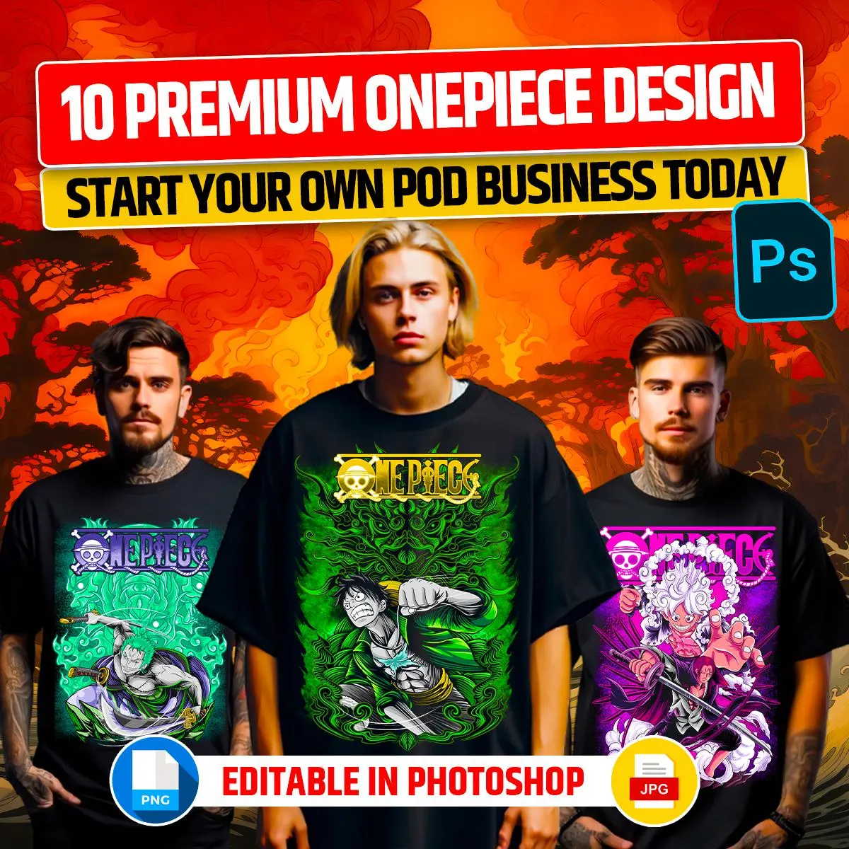 10 PREMIUM Anime Graphic Design OnePiece Version | Anime T-shirt Design | PNG , Psd | Print on demand | Digital Download | One Piece