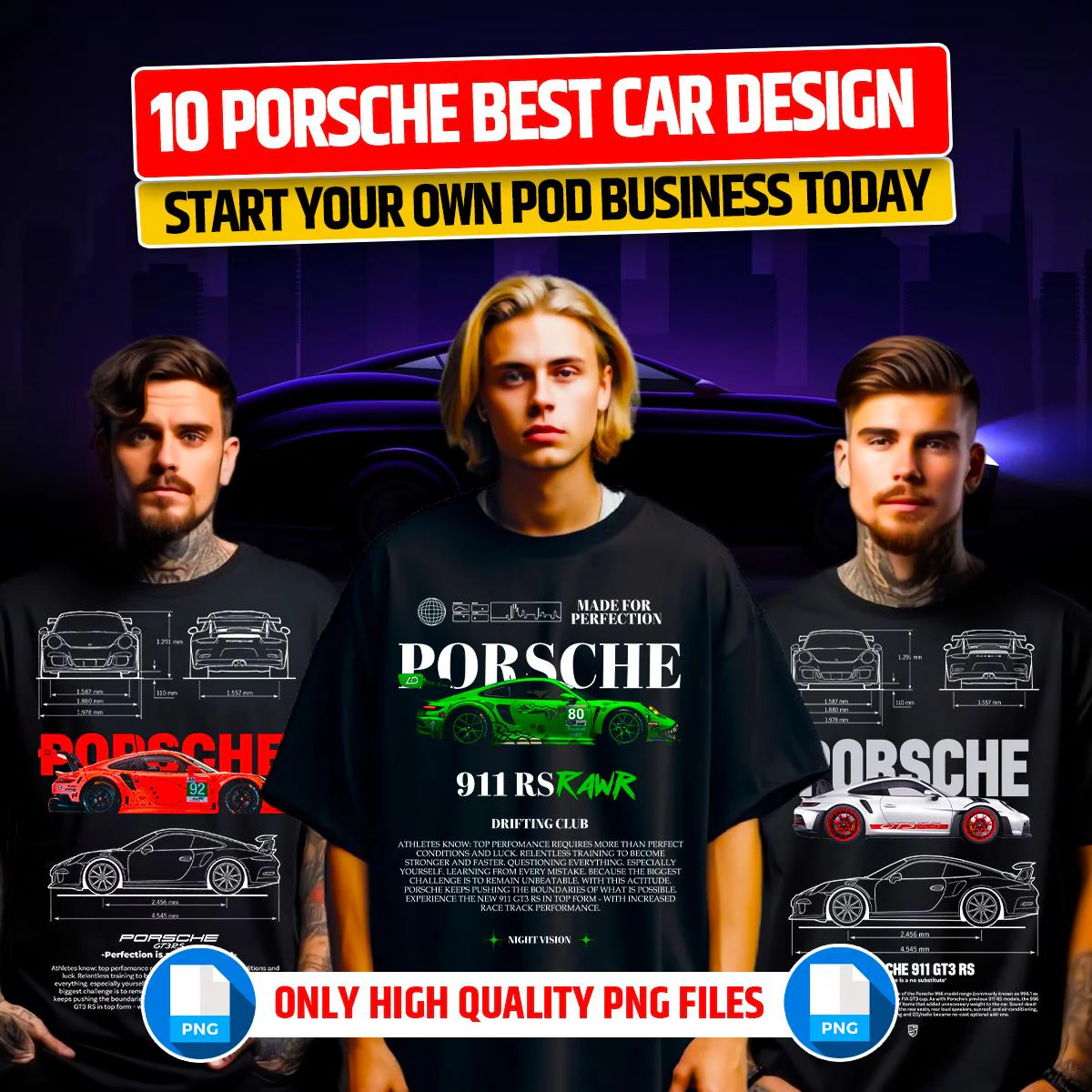 10 png PORSCHE Premium Sports Car T-shirt Design, High Quality, Transparent Background, Sublimation, DTF, Instant Download